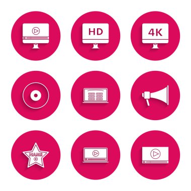 Çevrimiçi Buy sinema biletini ayarlayın İnternet üzerinden video Megaphone Hollywood yürüyüşü ünlü bulvar CD 'si veya DVD disk bilgisayar ekranı 4k teknoloji ve ikon ile. Vektör.