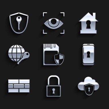 Hafıza kartı ve kalkan kilit akıllı telefonu ile Bricks Globe anahtar evini koruma ve kalkan simgesi altına alın. Vektör.