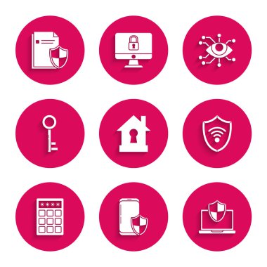 House 'u korumalı Smartphone güvenlik kalkanı dizüstü bilgisayarı kablosuz internet ağı şifresi ve güvenlik erişim anahtarı göz taraması ve belge konsept ikonu ile koruma altına alın. Vektör.