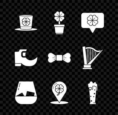 Leprikon şapka ve dört yapraklı yonca, dört saksı, konuşma balonu, bir bardak viski, yer, bira, geleneksel cüce çizmeler ve papyon ikonu. Vektör