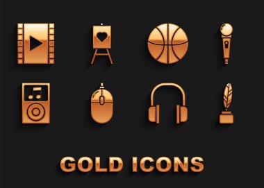 Bilgisayar faresi, mikrofon, tüy ve mürekkep hokkası, kulaklıklar, müzik çalar, basketbol topu, Play Video and Wood sehpası veya resim tahtası simgesi. Vektör