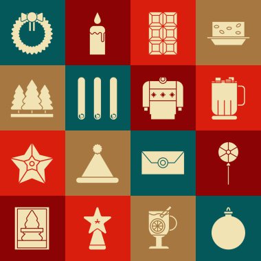 Noel topu, lolipop, kremalı sıcak çikolata bardağı, çikolatalı çikolata, üç rulo tarçın, ağaç, çelenk ve kazak ikonu. Vektör