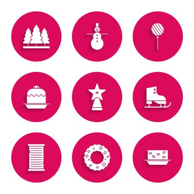 Noel yıldızı, çelenk, fındıklı Nougat, artistik patenler, dilek listesi şablonu, pasta, lolipop ve ağaç simgesi. Vektör