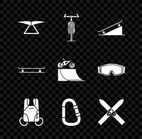 Set Hang glider Bicycle Skateboard on street ramp Parachute Carabiner Ski and sticks and icon. Vector.