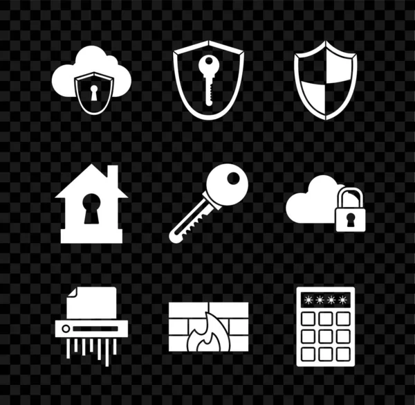Set Cloud Shield Shield Key Paper Shredder Confidential Firewall Security — Stock Vector