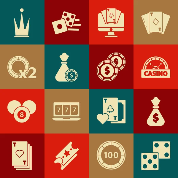 设置游戏骰子 赌场招牌 在线扑克桌上游戏 赌场筹码 皇冠和与美元图标 — 图库矢量图片