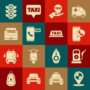 Harita işaretçisini taksi, benzin ya da benzin istasyonu, taksi çağırma servisi, el haritası, dizüstü bilgisayar, trafik ışığı ve arabanın çatı simgesi ile ayarla. Vektör