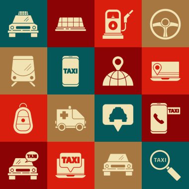 Büyüteç ve taksi, taksi, telefon servisi, konum işaretli dizüstü bilgisayar, petrol veya benzin istasyonu, tramvay tren yolu ve dünya ikonunun konumunu ayarla. Vektör