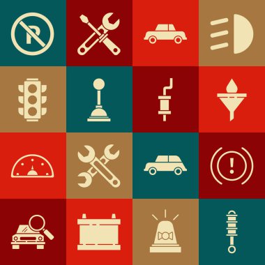 Şok emici fren sistemi uyarı huni filtresi ve motor yağı indirme araba vitesi trafik ışığını ayarla. Durma ve susturucu simgesi yok. Vektör.