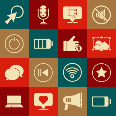 Batarya şarj seviyesi göstergesi, Yıldız, Resim, Konuşma baloncuğu, Güç düğmesi, Ok imleci ve El simgesini ayarla. Vektör