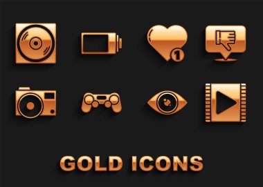Gamepad 'i ayarla, konuşma baloncuğundan hoşlanma, Video Oynat, Göz, Fotoğraf makinesi, Sevgi ve kalp, Vinil disk ve pil şarj seviyesi göstergesi simgesi. Vektör