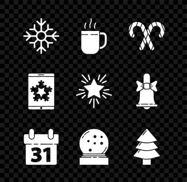 Set Kartanesi, kahve fincanı, çizgili Noel şekeri kamışı, takvim, kar küresi düşen kar, ağaç, akıllı telefon kar tanesi ve yıldız ikonu. Vektör