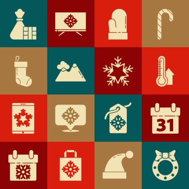 Noel çelengi, takvim, Meteoroloji termometresi, eldiven, dağlar, çorap, hediye kutusu ve kar tanesi ikonu. Vektör