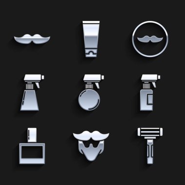 Kuaför tabancası sprey şişesi, bıyık ve sakal traş bıçağı, tıraş losyonu ve ikon. Vektör