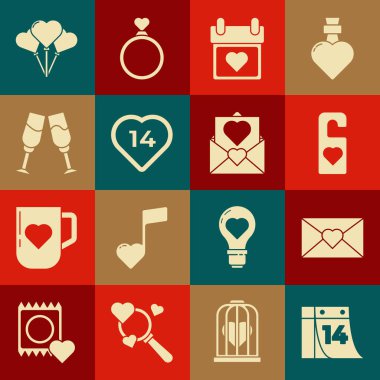 Takvimi 14 Şubat, Zarif Sevgililer Günü kalbiyle ayarla lütfen rahatsız etme, Heart, bir kadeh şampanya, balon formu ve ikon. Vektör