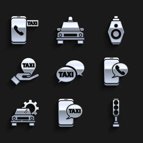 Állítsa Taxi Hívás Telefon Szolgáltatás Közlekedési Fény Autó Kézi Térkép — Stock Vector