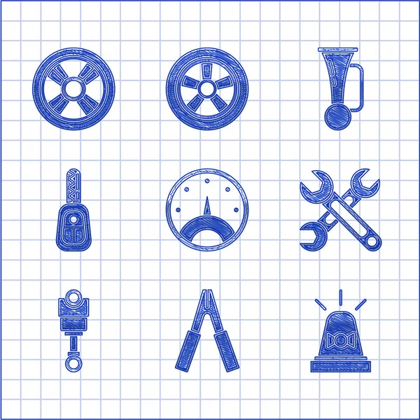 Set Snelheidsmeter Auto Batterij Jumper Voedingskabel Flasher Sirene Wrench Motor — Stockvector