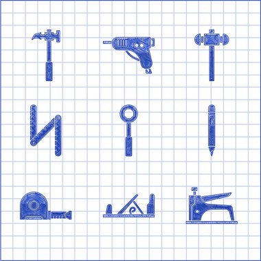 İngiliz anahtarı, tahta uçak aleti, inşaat zımbası silgiyle kalem, rulet inşaatı, katlama cetvel, balyoz ve pençe ikonu. Vektör