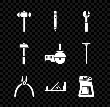 Balyozu, silgiyle kalem ayarlayın, ayarlanabilir anahtar, pense aleti, tahta uçak, çimento torbası, çekiç ve açılı öğütücü simgesi. Vektör