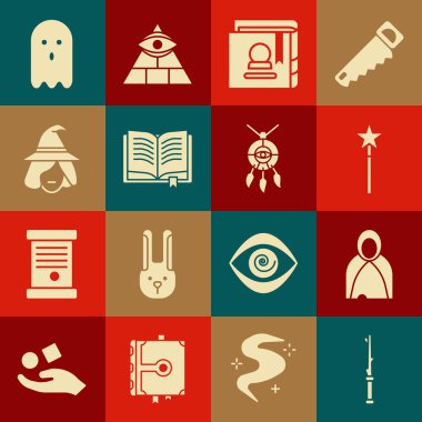 Sihirli değnek, manto, pelerin, Eskiler 'in sihirli kitabı, cadı, hayalet ve düş kapanı. Vektör