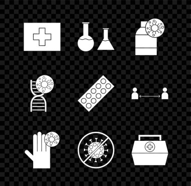 İlk yardım çantasını, deney tüpünü ve şişeyi, virüslü şişeyi, El, Dur 'u, DNA sembolünü ve şişenin içindeki hapları hazırlayın. Vektör