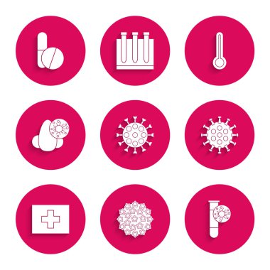 Virüsü ayarla, virüslü test tüpü, ilk yardım çantası, akan burun ve tıbbi termometre ve ilaç hapı veya tablet ikonu. Vektör