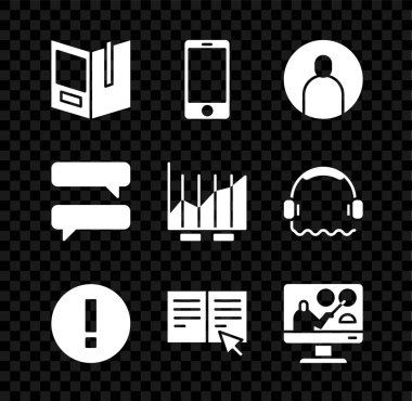 Açık Defter, Cep Telefonu, Hesap Ekranı Oluştur, Bilgi, Çevrimiçi, Eğitim, Konuşma baloncuğu sohbeti ve Pasta grafiği bilgi simgesi. Vektör