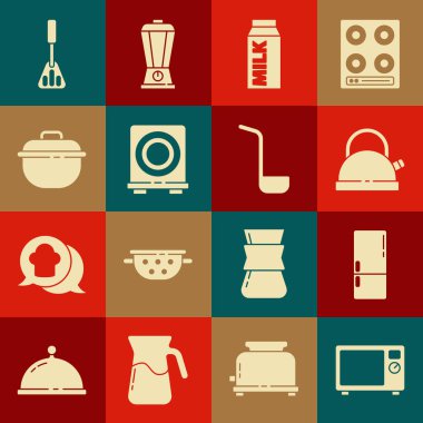 Mikrodalga fırını, buzdolabı, saplı kettle, süt için kağıt paketi, elektrikli soba, pişirme tenceresi, Spatula ve mutfak kepçesi ikonu hazırla. Vektör