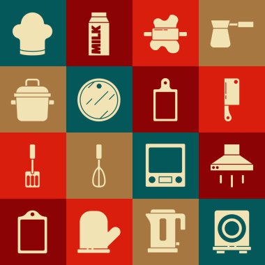 Elektrikli soba, mutfak vantilatörü, et kesicisi, hamurda raptiye kesme tahtası, yemek pişirme kabı, şef şapkası ve ikon. Vektör