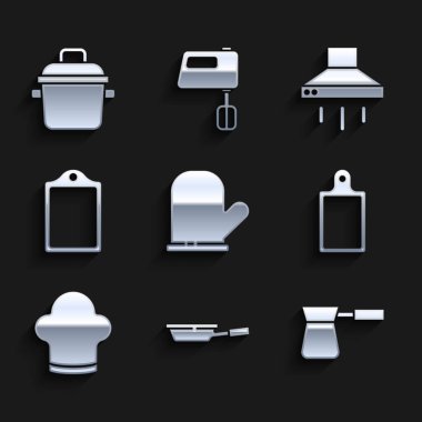 Fırın eldiveni, tava, Türk kahvesi, kesme tahtası, Şef şapkası, mutfak sökücü fanı ve tencere ikonu. Vektör