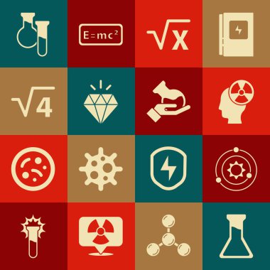 Test tüpü ve matara, güneş sistemi, kafa radyasyon sembolü, x sembolünün kare kökü, Diamond, 4 ve ikon. Vektör