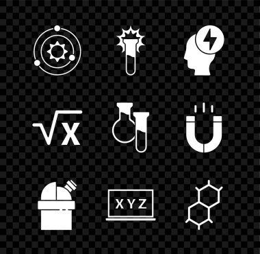 Güneş sistemi, test tüpü ve matarası, baş elektrik sembolü, astronomik gözlemevi, XYZ koordinatı, kimyasal formül, x sembolünün kare kökü ve simge. Vektör