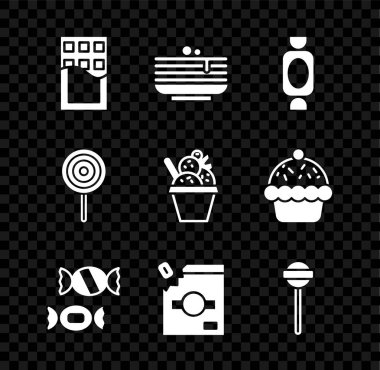 Çikolata, krep yığını, şeker, şeker paketi, lolipop ve dondurma kasesi ikonu. Vektör
