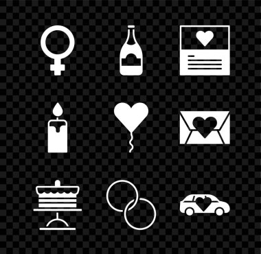 Kadın cinsiyet sembolü, şampanya şişesi, tebrik kartı, tabakta pasta, alyans, limuzin, yanan mum ve kalp ikonunun balon formu. Vektör