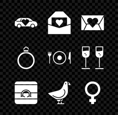 Limuzin arabası, Sevgililer Günü kalpli zarf, alyans, güvercin, kadın cinsiyet sembolü, elmas nişan ve tabak, çatal ve bıçak ikonu. Vektör