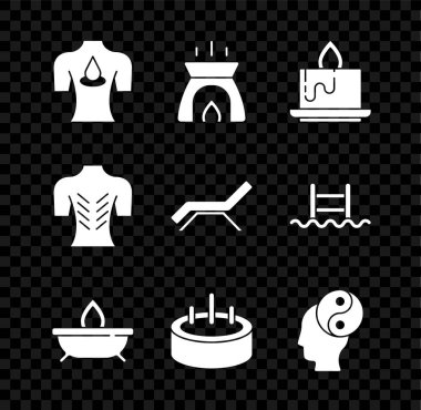 Aroma yağlı masaj seti, Aroma mumu, Yüzme havuzu merdiveni, Yin Yang ve Sunbed şemsiye ikonu. Vektör