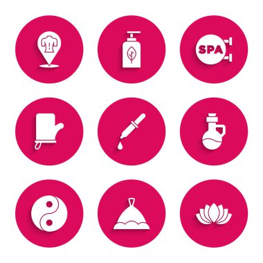Set Pipette, Sauna şapkası, Lotus çiçeği, Temel yağ şişesi, Yin Yang, eldivenler, Spa salonu ve masaj ikonu. Vektör