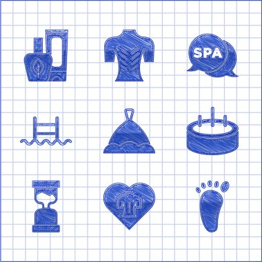 Sauna şapkası, masaj, ayak masajı merdivenli yüzme havuzu, eski kum saati, kaplıca salonu ve merhem kremi ikonu. Vektör