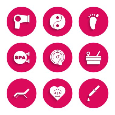 Sauna termometresi, masaj, Pipette, kova ve kepçe, güneş yatağı şemsiyesi, kaplıca salonu, ayak masajı ve saç kurutma ikonu. Vektör