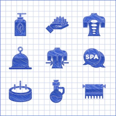 Masaj seti, temel yağ şişesi, askıda havlu, kaplıca salonu, merdivenli yüzme havuzu, sauna şapkası, taş terapisi ve ikon. Vektör