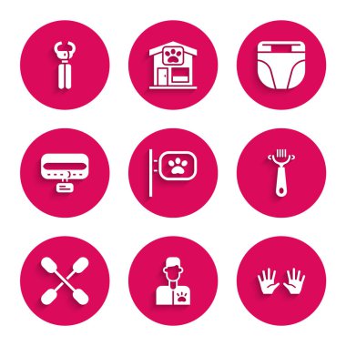 Hayvan bakımı, veteriner doktor, tıbbi lastik eldivenler, köpek ve kedi için saç fırçası, pamuklu kulak, yakalı yaka, bebek bezi ve tırnak makası ikonu. Vektör