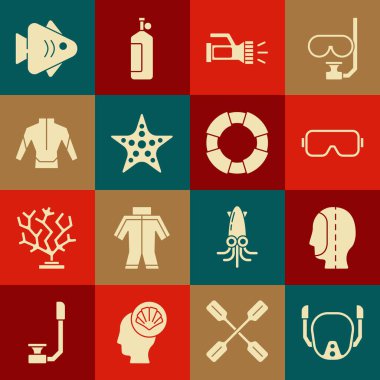 Dalış maskesi, kaput, fener, denizyıldızı, dalgıç giysisi, balık ve can simidi. Vektör