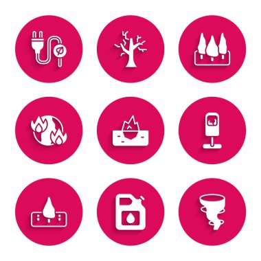 Buz dağı, benzin, tornado, çöp tenekesi, ormansızlaşma, küresel ısınma ateşi, orman ve elektrik tasarrufu yaprağı ikonu. Vektör