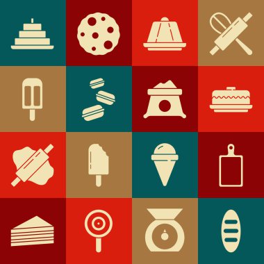 Ekmek somunu, kesme tahtası, pasta, muhallebi, makarna, dondurma, yanan mumlar ve un torbası ikonu. Vektör