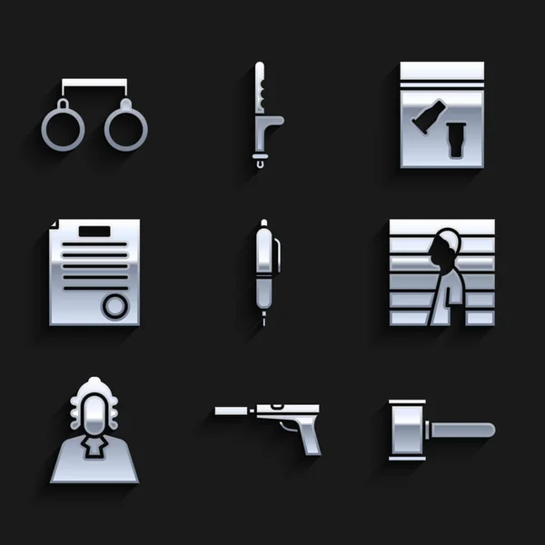 Set Pluma Pistola Pistola Con Silenciador Martillo Juez Sospechoso Criminal — Vector de stock