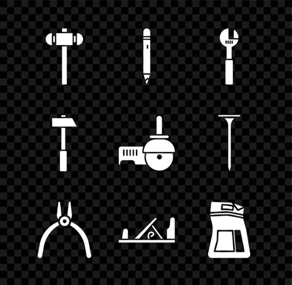 Set Vorschlaghammer Bleistift Mit Radiergummi Einstellschlüssel Zange Werkzeug Holzhobel Zementtasche — Stockvektor
