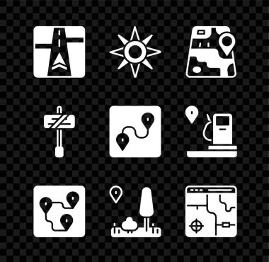 GPS cihazını harita, rüzgar gülü, şehir navigasyonu, güzergah konumu, şehrin bilgisi, trafik ışığı ve simgesi ile ayarla. Vektör