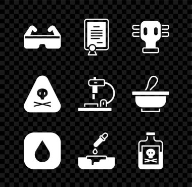 Güvenlik gözlükleri, sertifika şablonu, gaz maskesi, su damlası, pipetli Petri kabı, şişede zehir, üçgen uyarı zehiri ve mikroskop ikonu. Vektör
