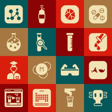 Gaz maskesi, kırık şişe, test tüpü ve tuz taşı, kimyasal formül ve ikonu hazırlayın. Vektör