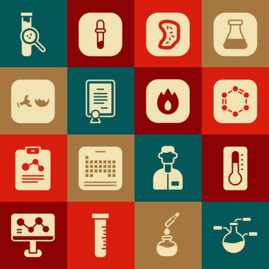 Test tüpü ve matara, medikal termometre, benzen halkaları formülü, bakteri, sertifika şablonu, kırık ve ateş alev ikonu hazırlayın. Vektör